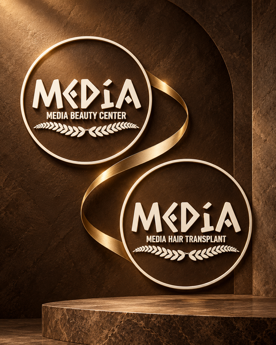 MEDIA Beauty Center and Hair Transplant logos united by a gold ribbon